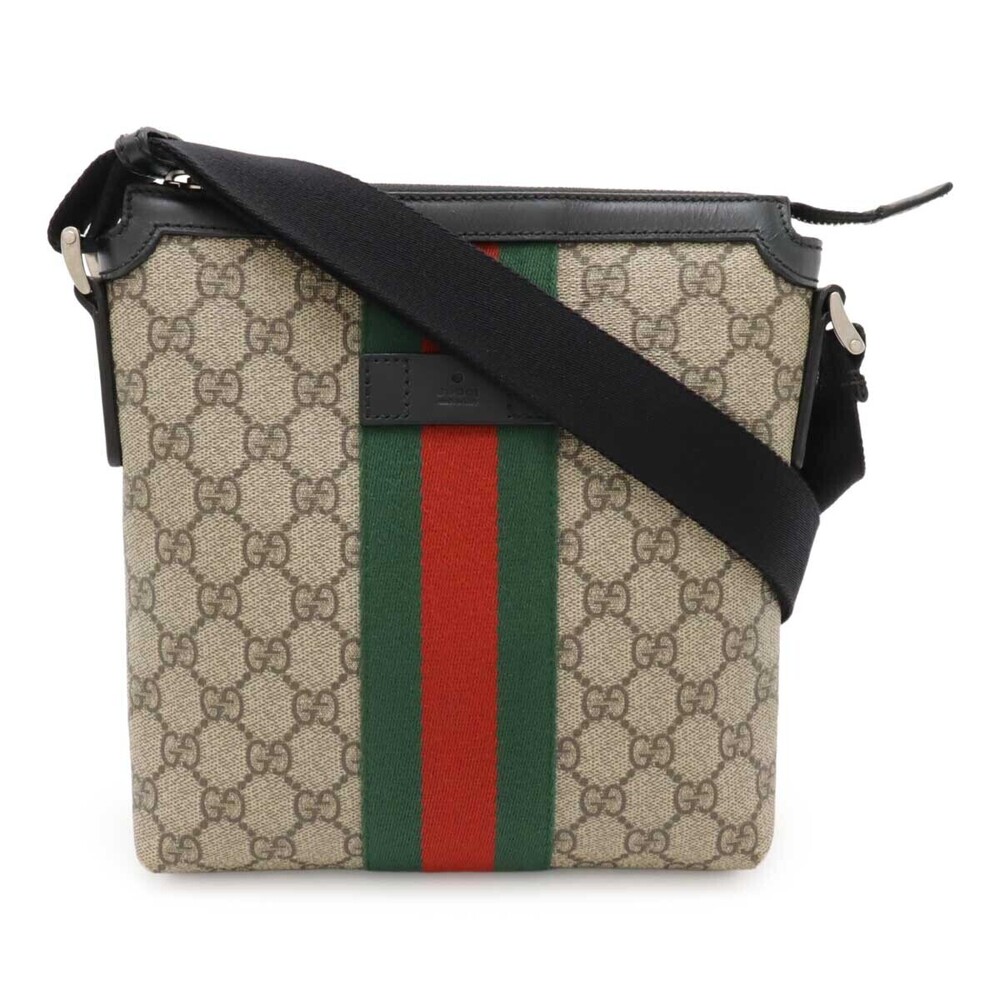 Gucci GG Supreme Sherry Web Flat Messenger Bag Crossbody Beige Cream Black